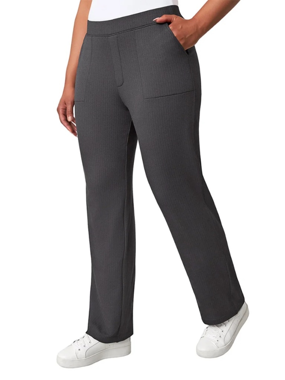 Mondetta Herringbone Straight Leg Pants, Pull On Stretchy Black/Dark Gray Large